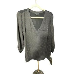Fortune and Ivy Blouse L black top w/ red dots Zip Front 3/4 Sleeves Stretch